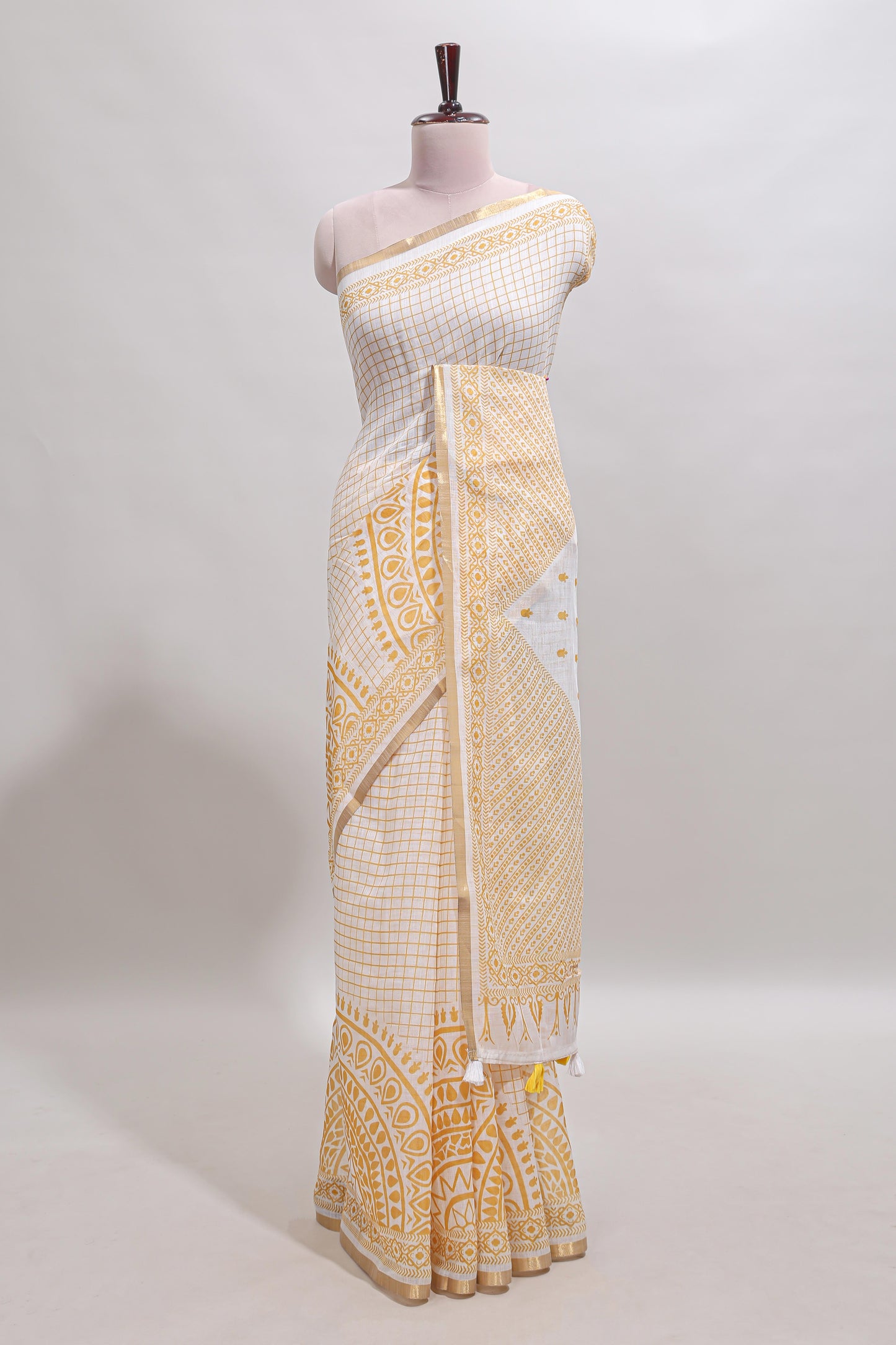 White checked mandala art design linen cotton saree with self zari border and matching blouse