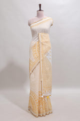 White checked mandala art design linen cotton saree with self zari border and matching blouse