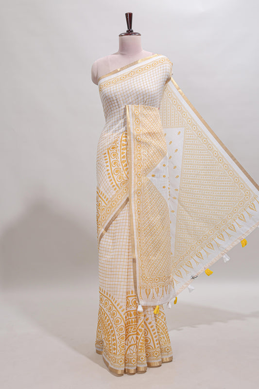 White checked mandala art design linen cotton saree with self zari border and matching blouse