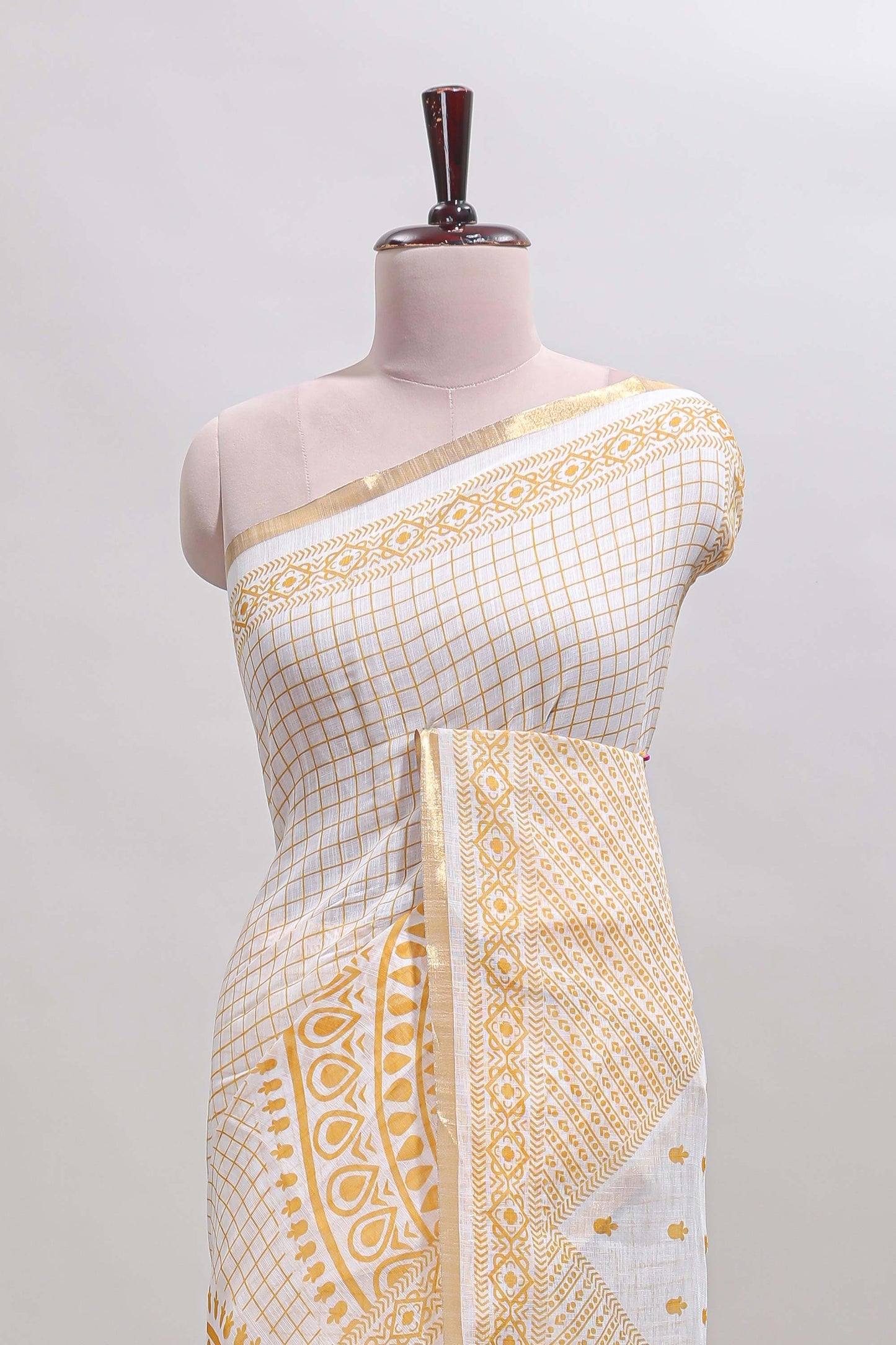 White checked mandala art design linen cotton saree with self zari border and matching blouse