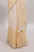 White checked mandala art design linen cotton saree with self zari border and matching blouse