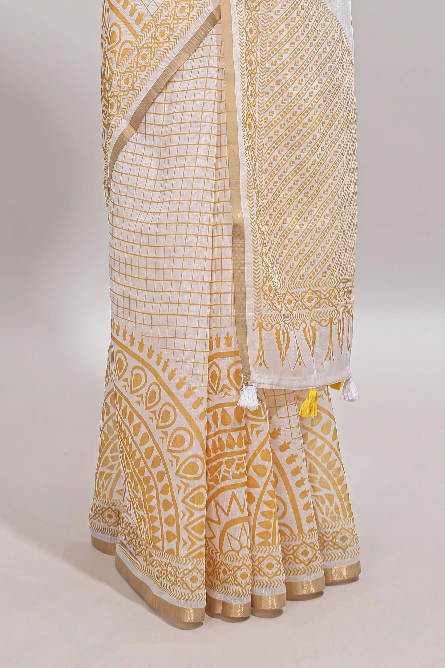White checked mandala art design linen cotton saree with self zari border and matching blouse