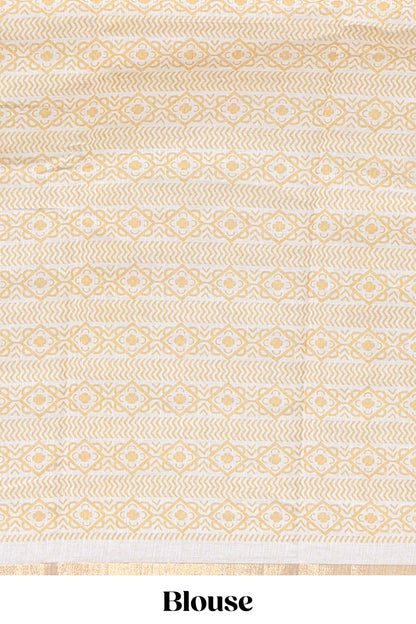 White checked mandala art design linen cotton saree with self zari border and matching blouse