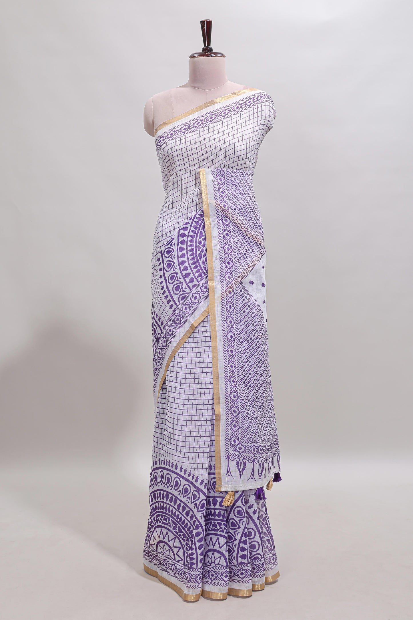 White checked mandala art design linen cotton saree with self zari border and matching blouse