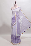White checked mandala art design linen cotton saree with self zari border and matching blouse