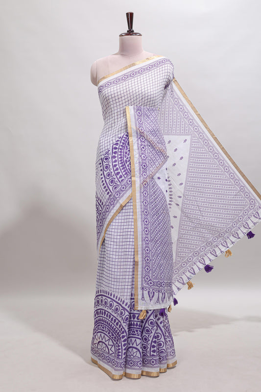 White checked mandala art design linen cotton saree with self zari border and matching blouse