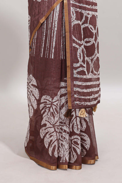 Brown striped & leaf design linen cotton saree with self zari border and contrast blouse