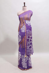 Violet striped & leaf design linen cotton saree with self zari border and contrast blouse