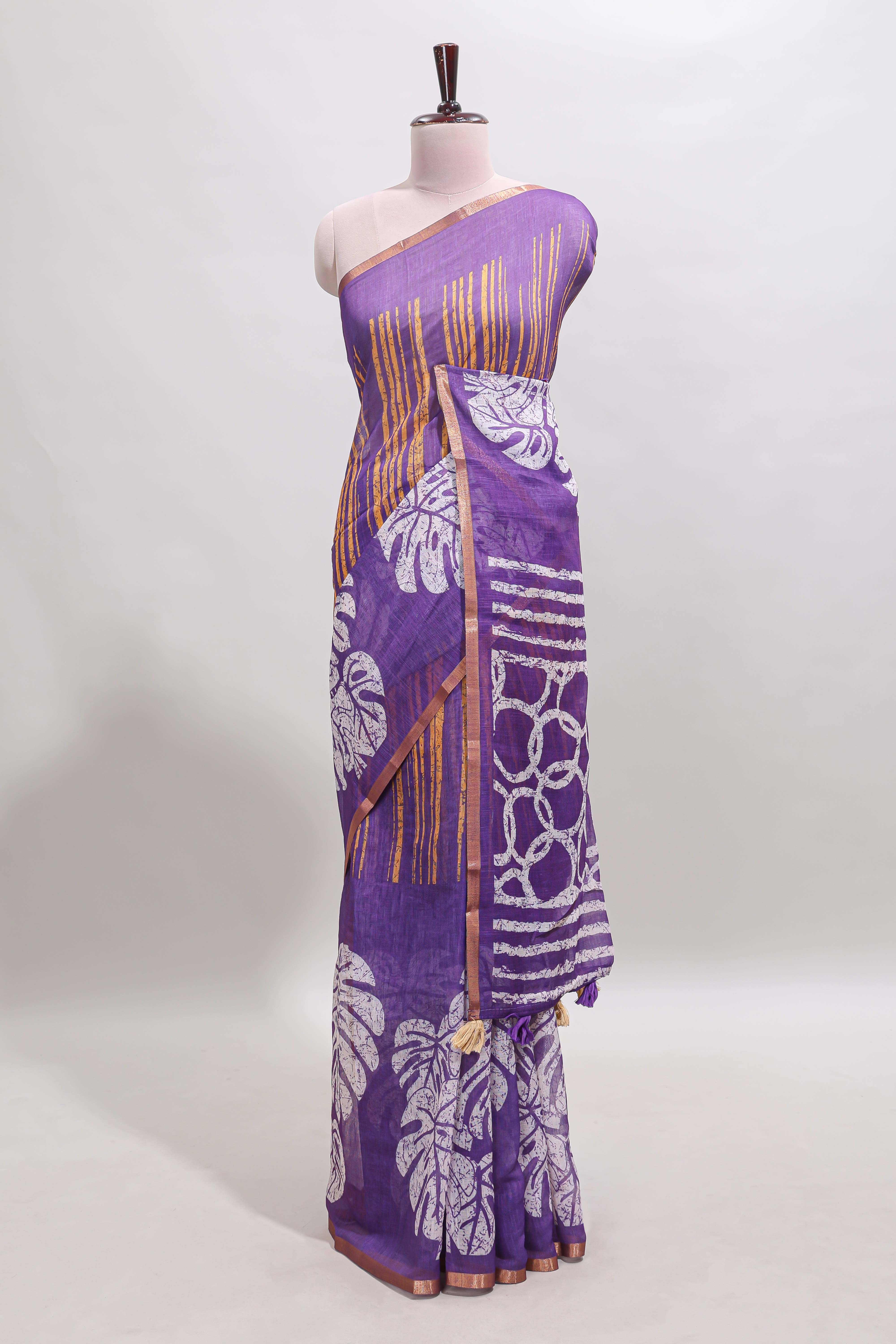 Violet striped & leaf design linen cotton saree with self zari border and contrast blouse