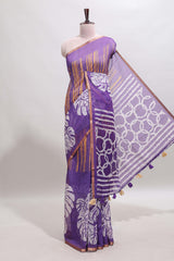 Violet striped & leaf design linen cotton saree with self zari border and contrast blouse