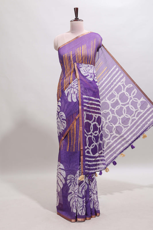 Violet striped & leaf design linen cotton saree with self zari border and contrast blouse