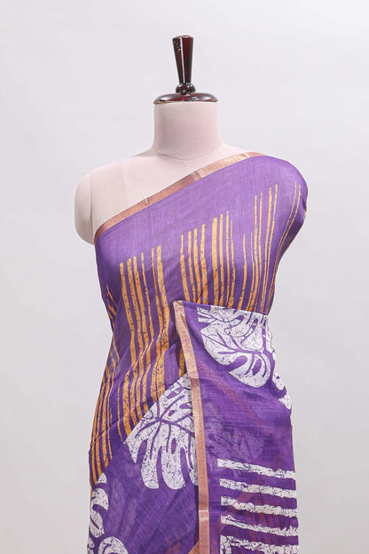 Violet striped & leaf design linen cotton saree with self zari border and contrast blouse