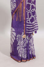 Violet striped & leaf design linen cotton saree with self zari border and contrast blouse