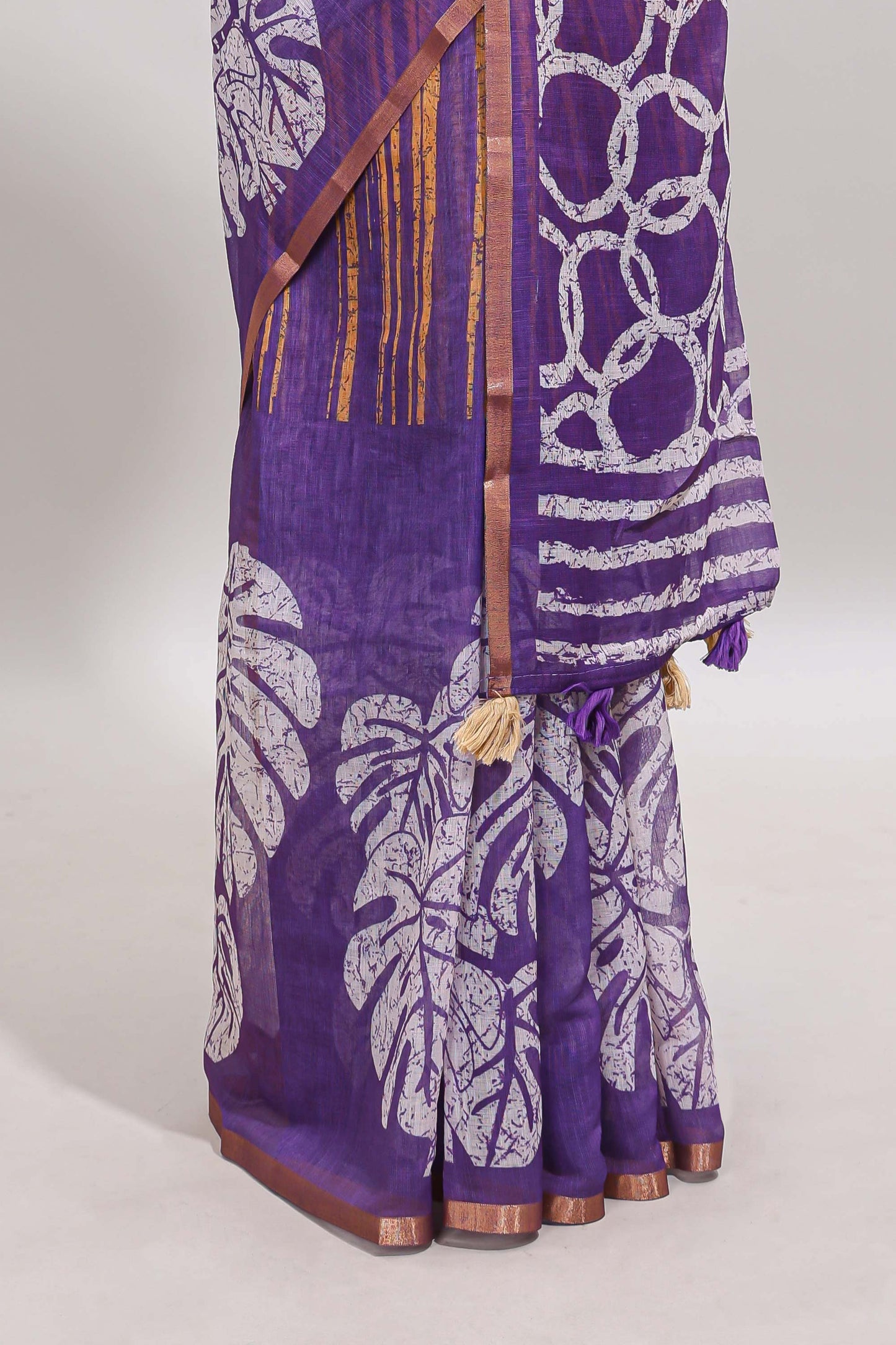Violet striped & leaf design linen cotton saree with self zari border and contrast blouse