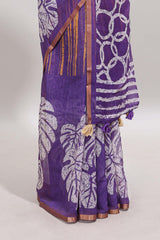 Violet striped & leaf design linen cotton saree with self zari border and contrast blouse