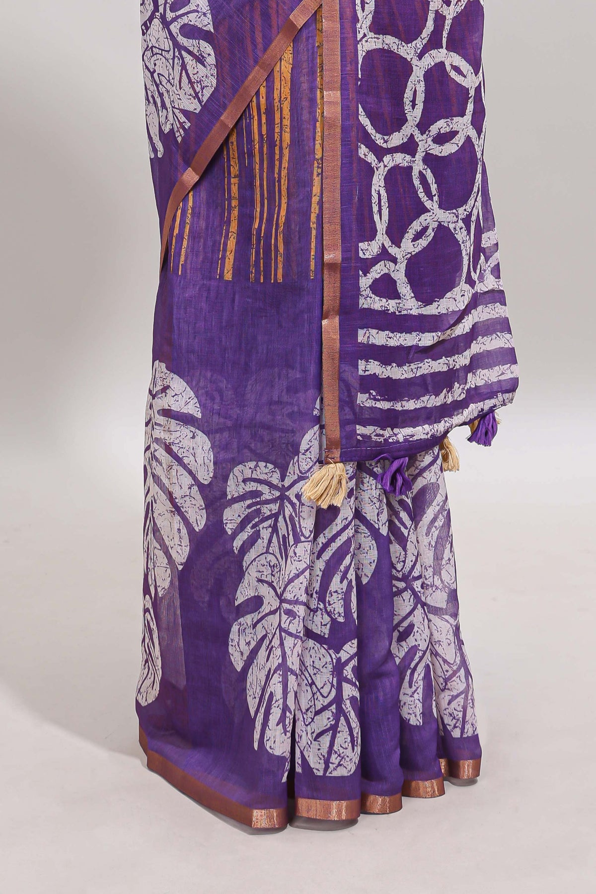 Violet striped & leaf design linen cotton saree with self zari border and contrast blouse