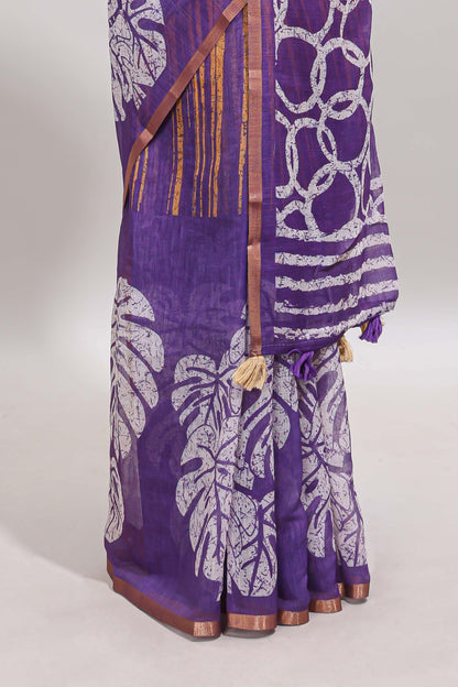 Violet striped & leaf design linen cotton saree with self zari border and contrast blouse