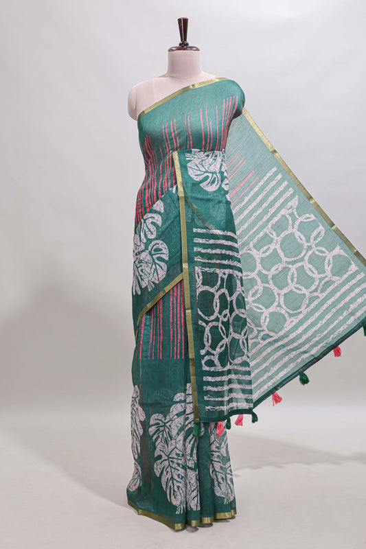 Green striped & leaf design linen cotton saree with self zari border and contrast blouse