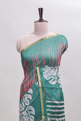 Green striped & leaf design linen cotton saree with self zari border and contrast blouse