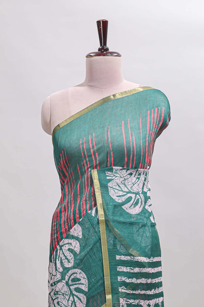 Green striped & leaf design linen cotton saree with self zari border and contrast blouse
