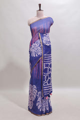 Blue striped & leaf design linen cotton saree with self zari border and contrast blouse