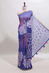 Blue striped & leaf design linen cotton saree with self zari border and contrast blouse