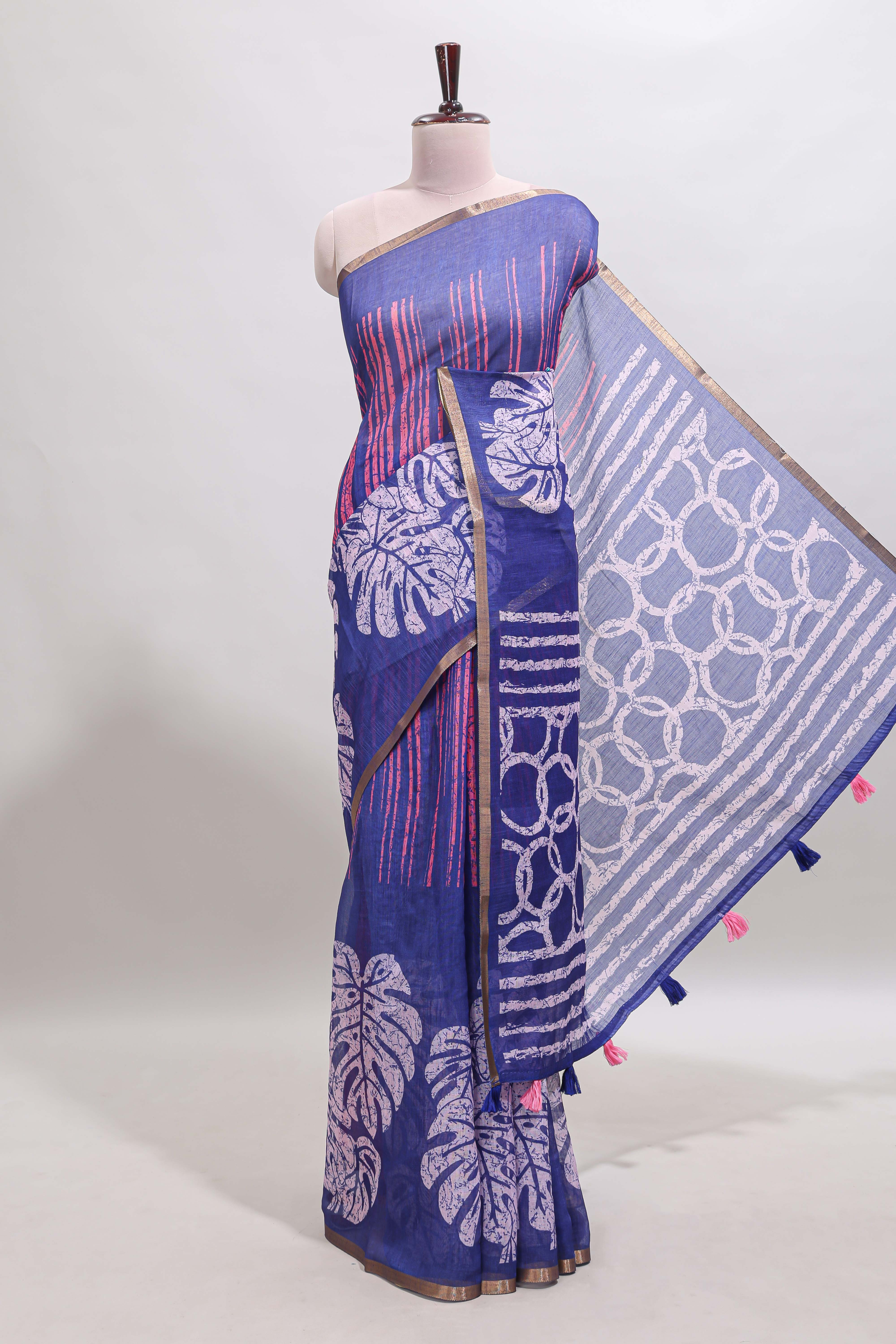 Blue striped & leaf design linen cotton saree with self zari border and contrast blouse