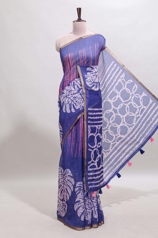 Blue striped & leaf design linen cotton saree with self zari border and contrast blouse