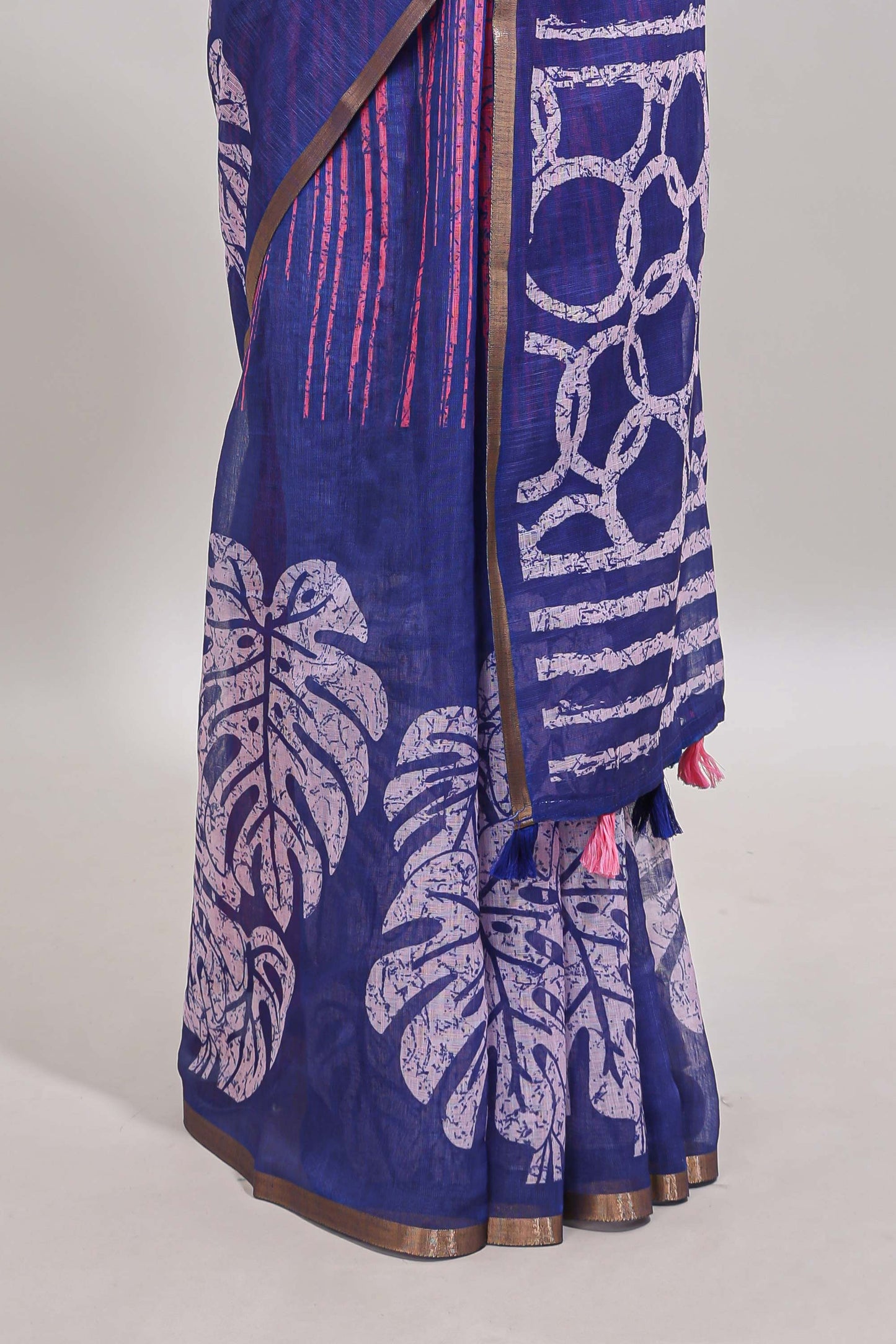 Blue striped & leaf design linen cotton saree with self zari border and contrast blouse