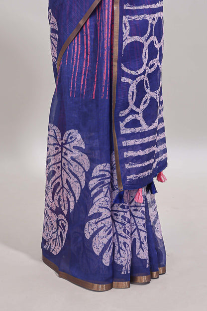Blue striped & leaf design linen cotton saree with self zari border and contrast blouse