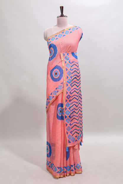 Orange nazar print motifs design linen cotton saree with self zari border and contrast blouse