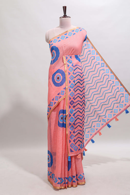 Orange nazar print motifs design linen cotton saree with self zari border and contrast blouse
