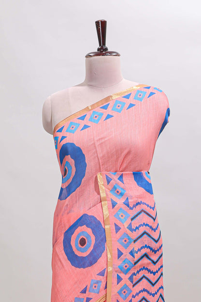 Orange nazar print motifs design linen cotton saree with self zari border and contrast blouse