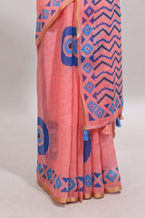 Orange nazar print motifs design linen cotton saree with self zari border and contrast blouse