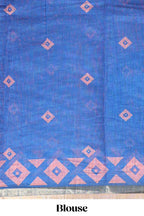 Orange nazar print motifs design linen cotton saree with self zari border and contrast blouse