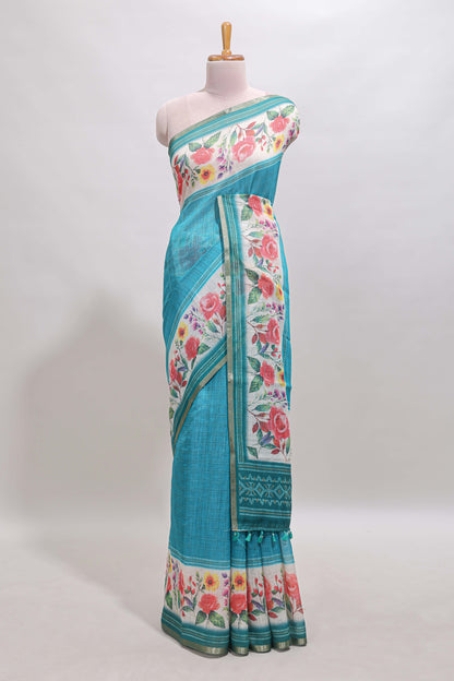Green checked bottom floral design linen cotton saree with self zari border and matching blouse