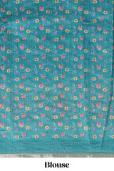 Green checked bottom floral design linen cotton saree with self zari border and matching blouse