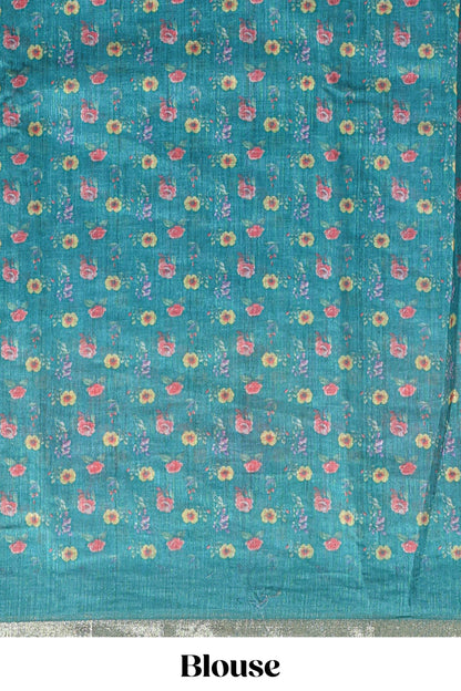 Green checked bottom floral design linen cotton saree with self zari border and matching blouse