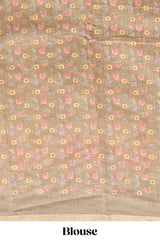Mustard checked bottom floral design linen cotton saree with self zari border and matching blouse