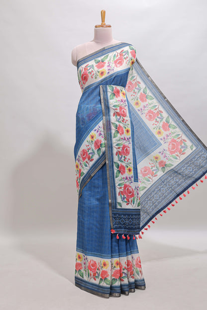Blue checked bottom floral design linen cotton saree with self zari border and matching blouse