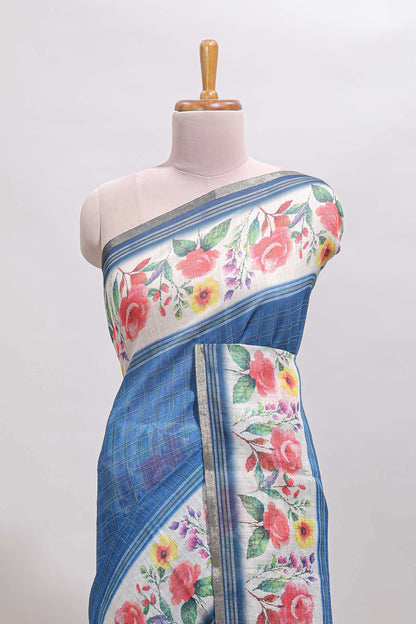 Blue checked bottom floral design linen cotton saree with self zari border and matching blouse