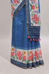 Blue checked bottom floral design linen cotton saree with self zari border and matching blouse