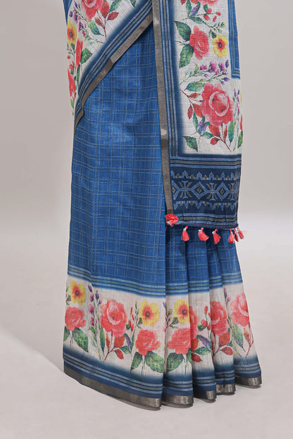 Blue checked bottom floral design linen cotton saree with self zari border and matching blouse