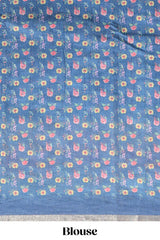 Blue checked bottom floral design linen cotton saree with self zari border and matching blouse