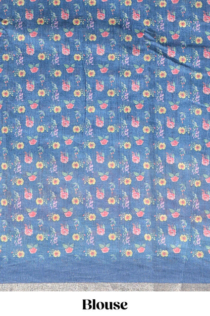 Blue checked bottom floral design linen cotton saree with self zari border and matching blouse