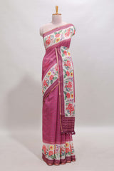 Pink checked bottom floral design linen cotton saree with self zari border and matching blouse