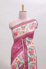 Pink checked bottom floral design linen cotton saree with self zari border and matching blouse