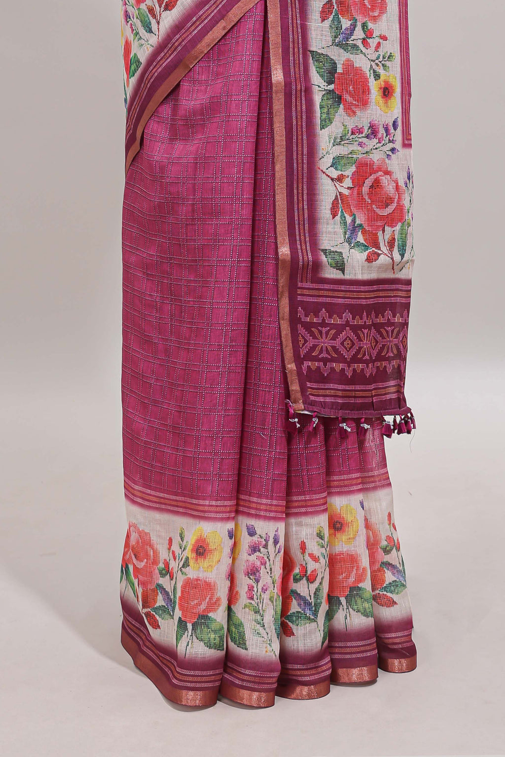Pink checked bottom floral design linen cotton saree with self zari border and matching blouse