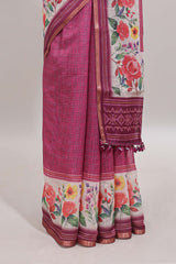 Pink checked bottom floral design linen cotton saree with self zari border and matching blouse