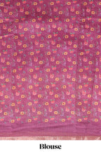 Pink checked bottom floral design linen cotton saree with self zari border and matching blouse